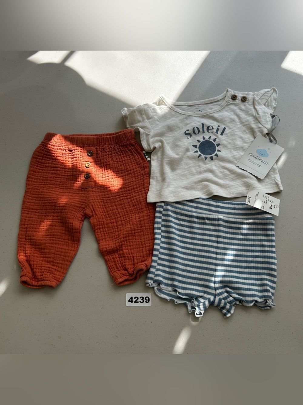 Cloud Island Baby 0-3M 3 Piece Outfit Set Soleil Tee Striped Shorts Pants